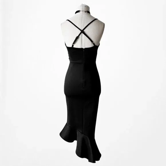 Black Cowl Neck Halter Bodycon Ruffle Midi Cocktail Formal Dress Size 2/XS